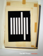 The cover image shows an archival design mock up of the MIT Press colophon. the colophon is taped to a yellowing piece of paper. The text reads The MIT Press | Fall 2023.